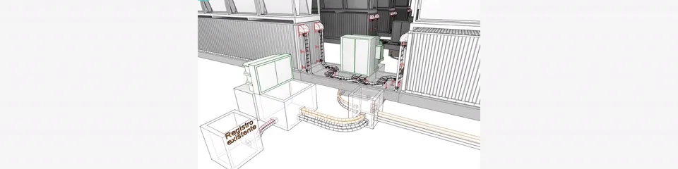 3D detail of cooling equipment with piping and cable tray routing into an industrial building