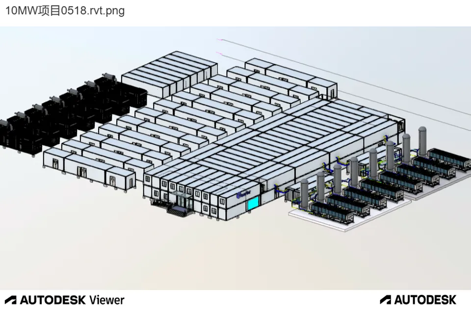 BIM render of dry cooler banks with hot and cold water piping loops and buffer vessels