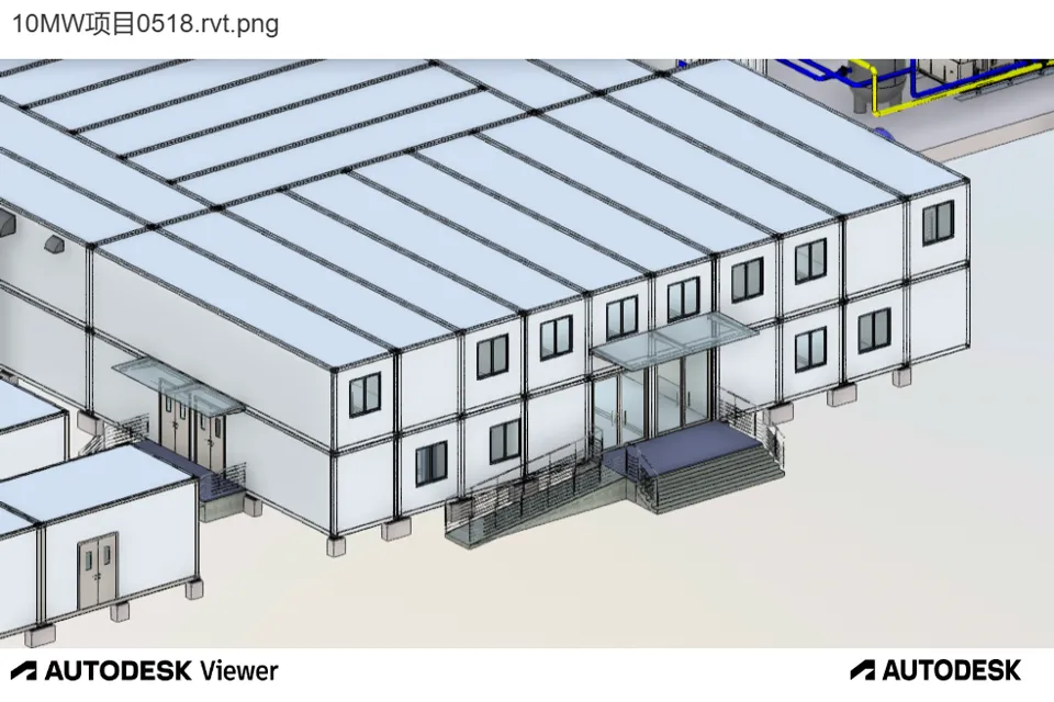 BIM render of modular crypto mining facility buildings with access stairs and service entrances