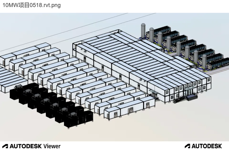 BIM overview of a 10 MW crypto mining facility expansion showing modular IT containers, service buildings and the outdoor heat rejection plant