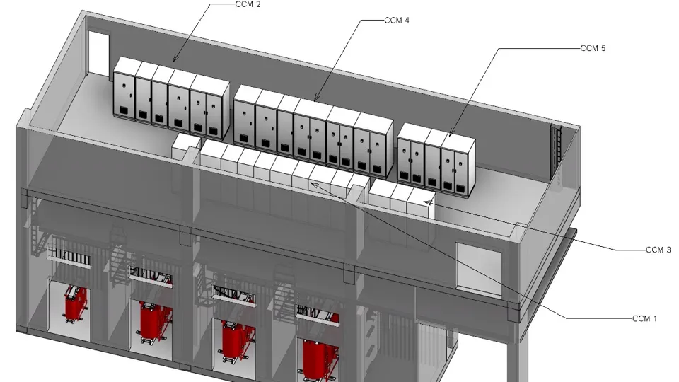 3D cutaway of an electrical building showing motor control centers and dry-type transformers on two levels