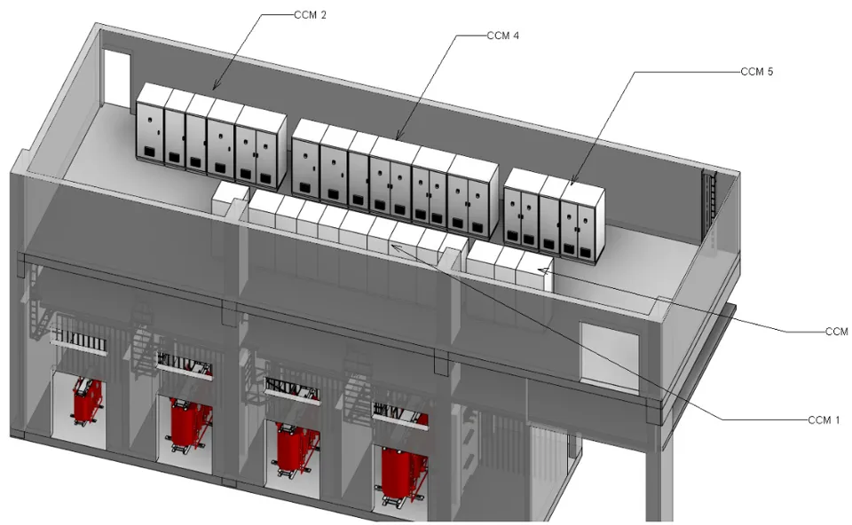 3D cutaway CAD model of an electrical building showing motor control centers and dry-type transformers on two levels