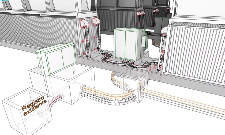 3D layout of a liquid cooling distribution system with CDU cabinets, pipe routing and cable trays