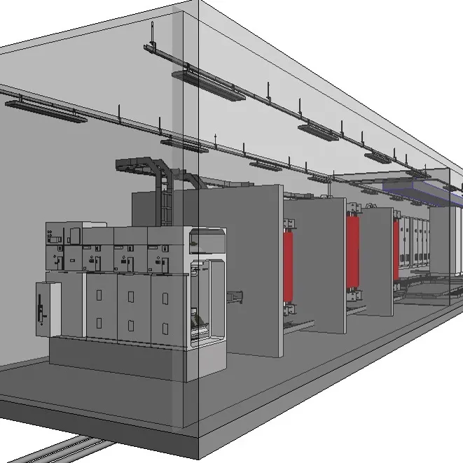 3D model of a medium-voltage electrical room with switchgear cubicles and dry-type transformers